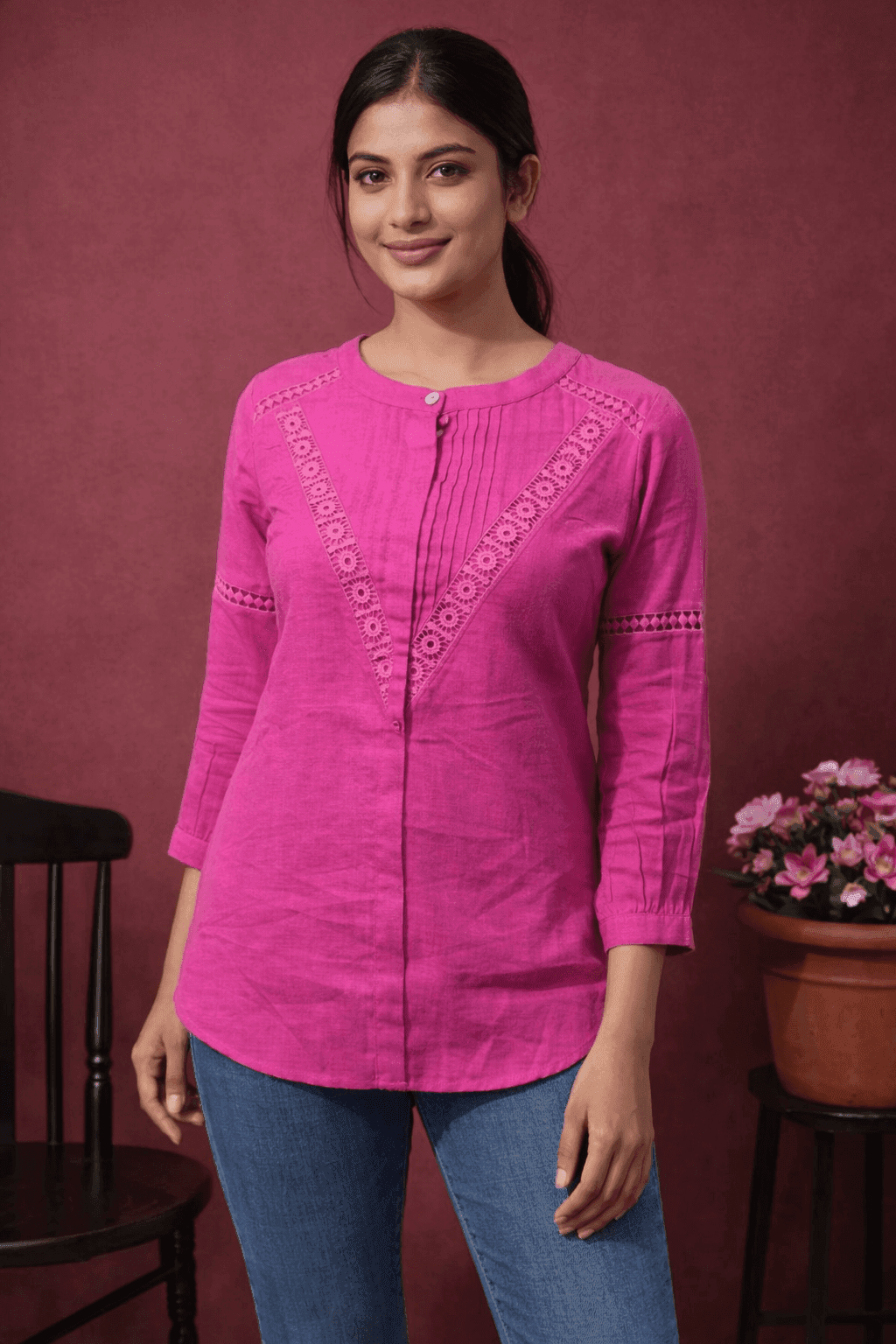 Linen Kurti Top with Lace for Women - Casual & Office Wear - Image 1