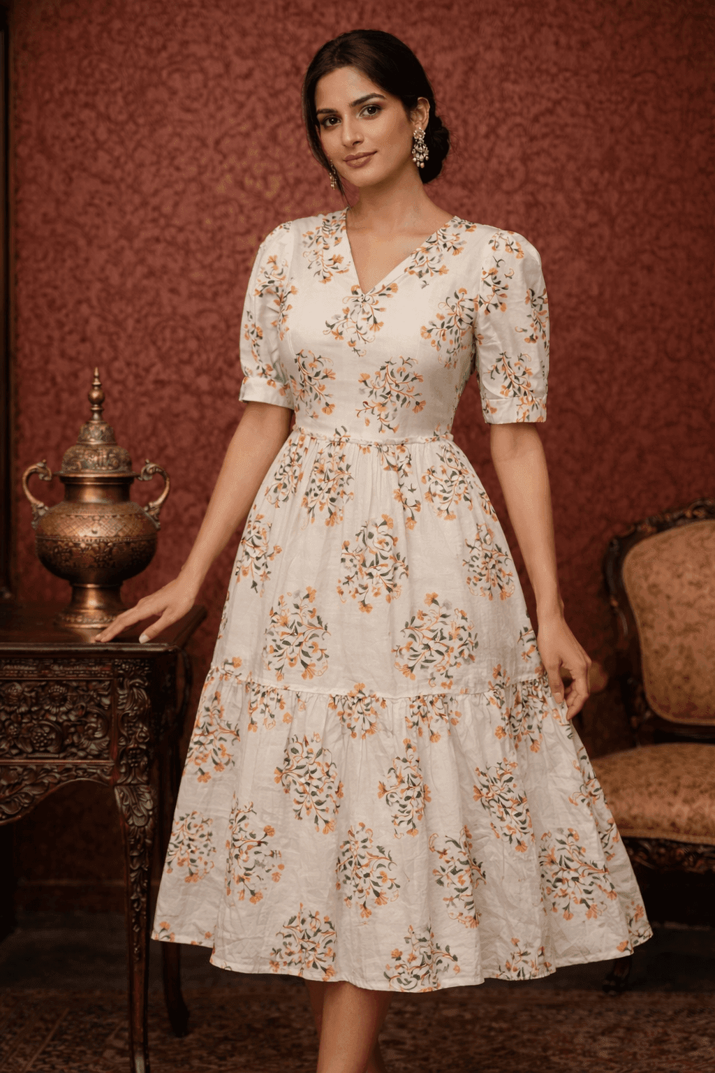 Ivory Cream Floral Midi Dress - Image 1