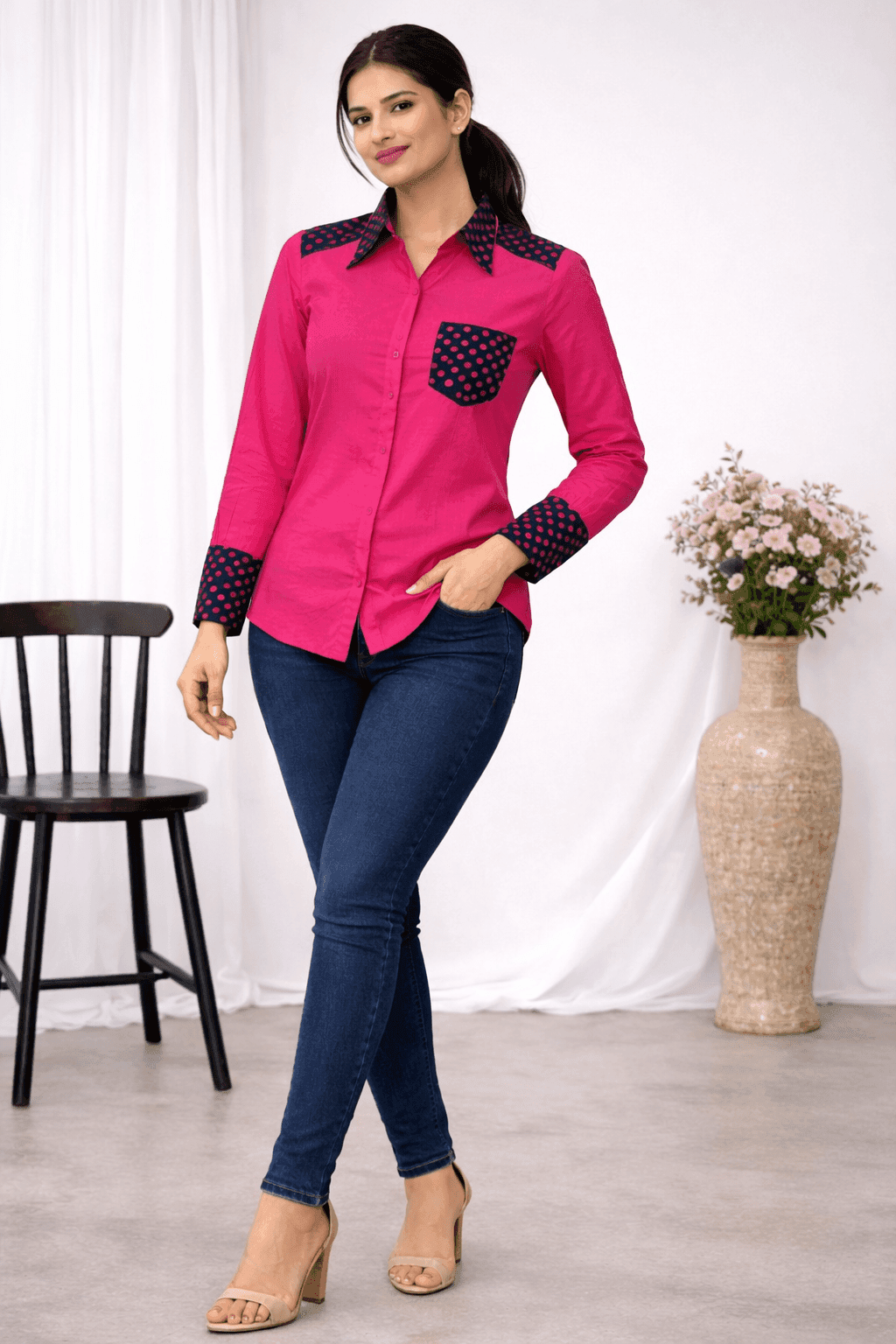 Cotton Shirt with Schiffli Contrast - Image 1